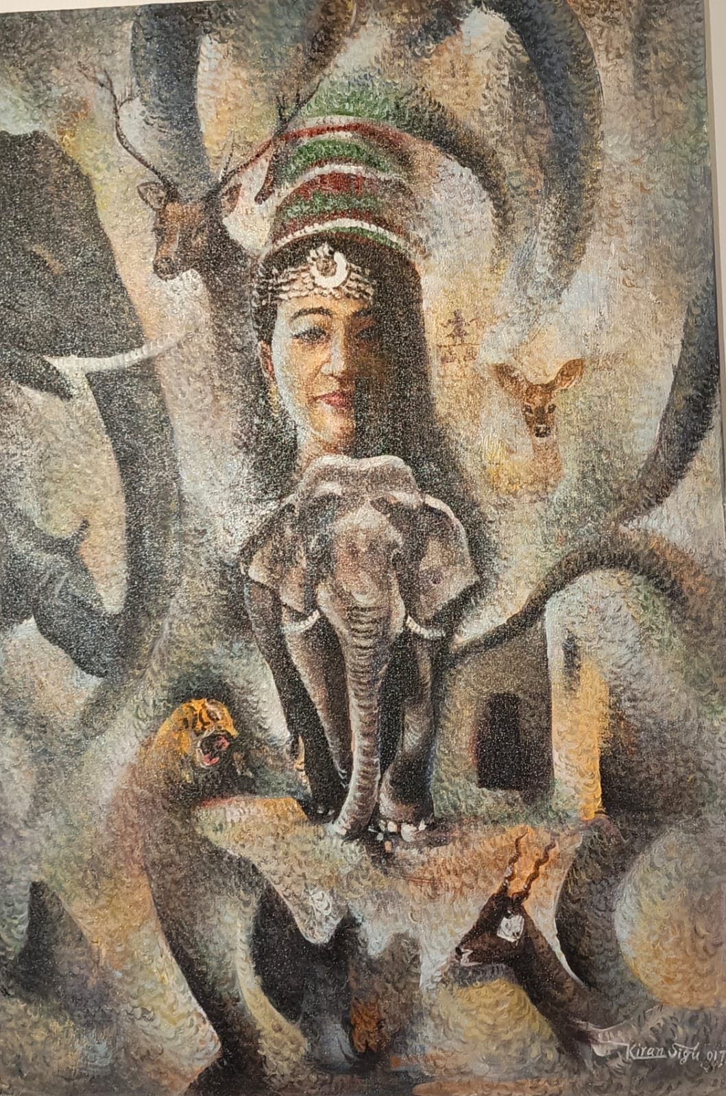 Painted details of a figure and the natural world.