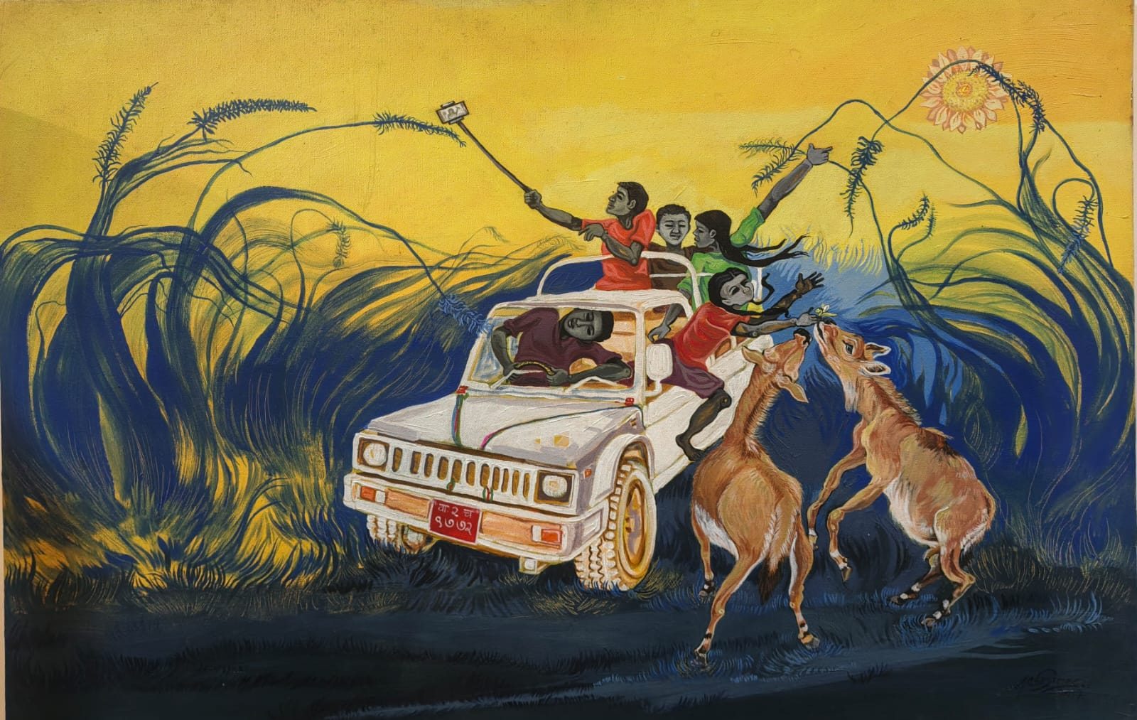 A colorful painted journey through people and wildlife.