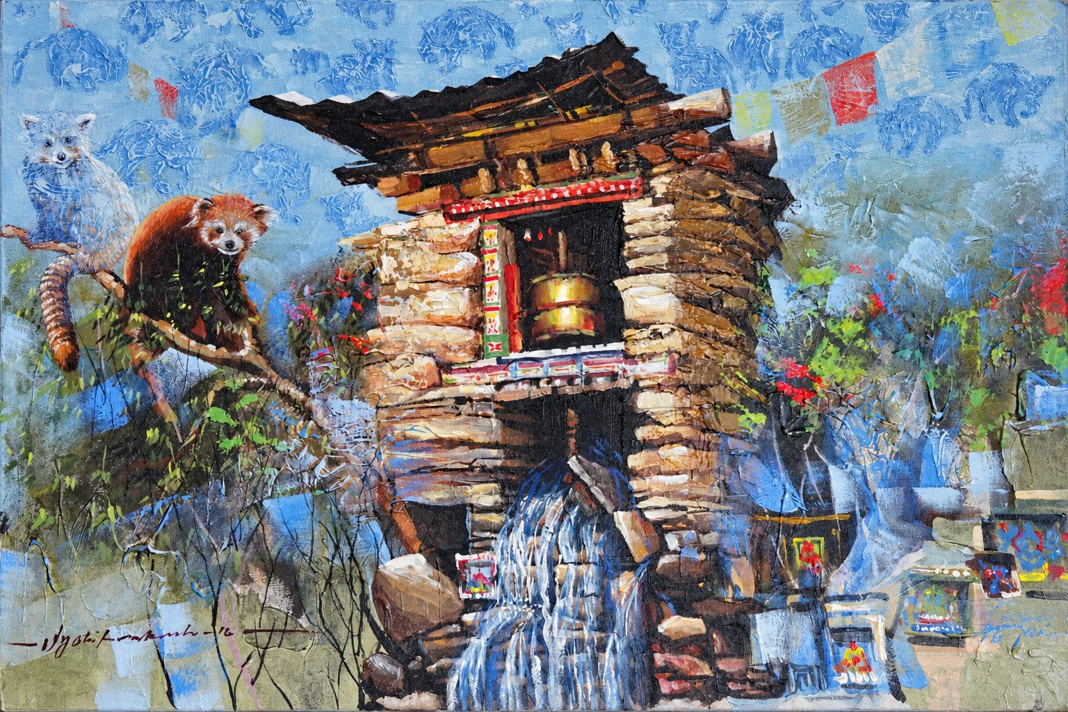 A red panda beneath a richly painted Himalayan monastery and mountain landscape.