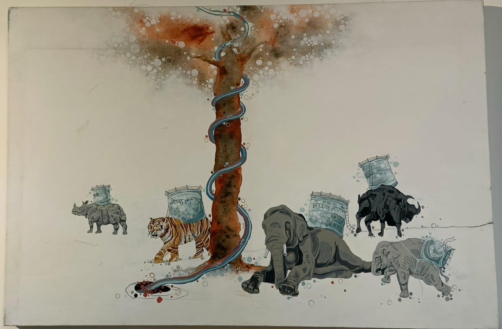 Interwoven wildlife and botanical forms.